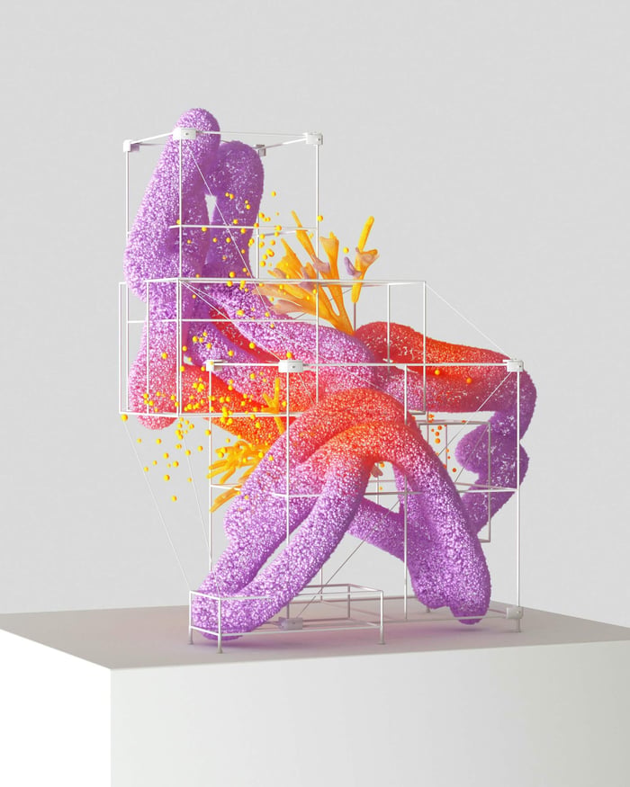 Colorful abstract 3D rendering showcasing AI and organic growth.